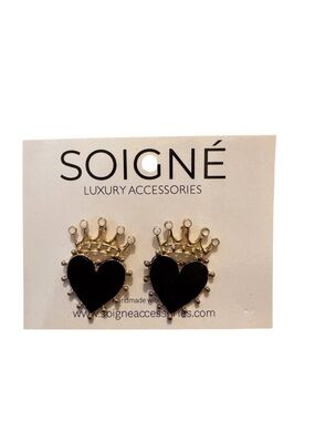 Soigné Queen of Hearts Black Crown Stud Earrings NWT